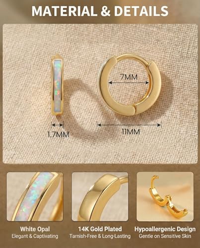 Dainty Opal Huggie Earrings, 14K Gold Plated Cartilage Earrings Jewelry Gift for Women Teen Girls with Quote Card and Velvet Gift Pouch - style: Huggie Earring - White Opal