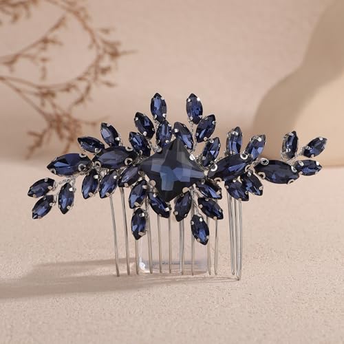 Square Rhinestone Hair Comb Silver Gold Rhinestone Wedding Headpiece Handmade Crystal Bridal Hair Comb Bridal Hairpiece for Brides Bridesmaid (dark blue) - color: dark blue