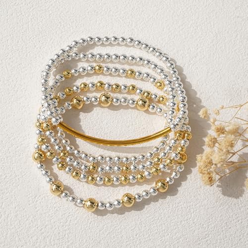 14K Gold Plated Beaded Bracelets Stack Set for Women,Stretch Boho Ball Jewelry Friendship Trendy - color: Silver gold