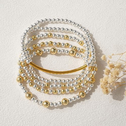 14K Gold Plated Beaded Bracelets Stack Set for Women,Stretch Boho Ball Jewelry Friendship Trendy - color: Silver gold