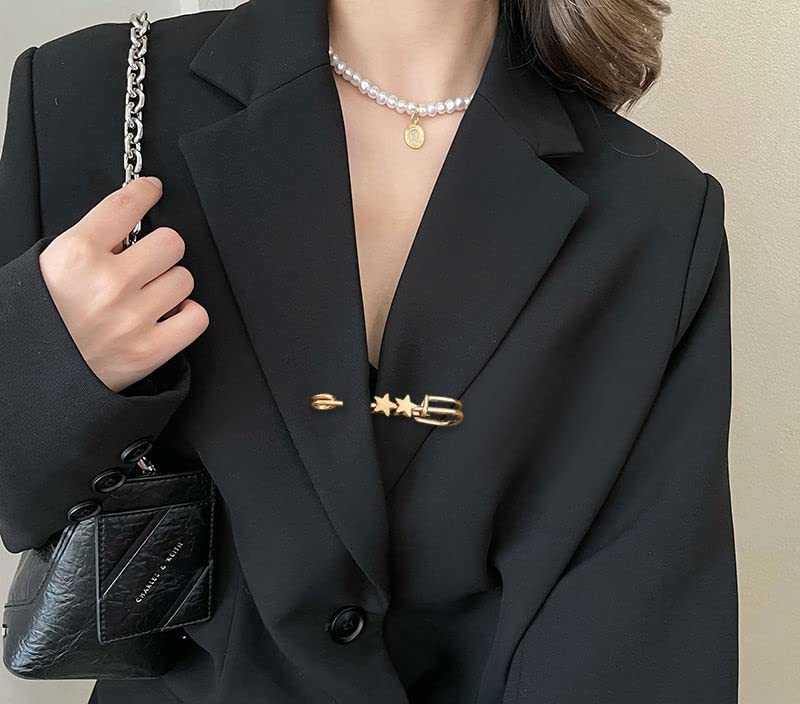 9 Pcs Fashion Pearl Brooch, Safety Pins for Clothes Sweater Shawl Clips Faux Pearl Rhinestones Brooches for Women Pants Extender Safety Pins - color: Gold