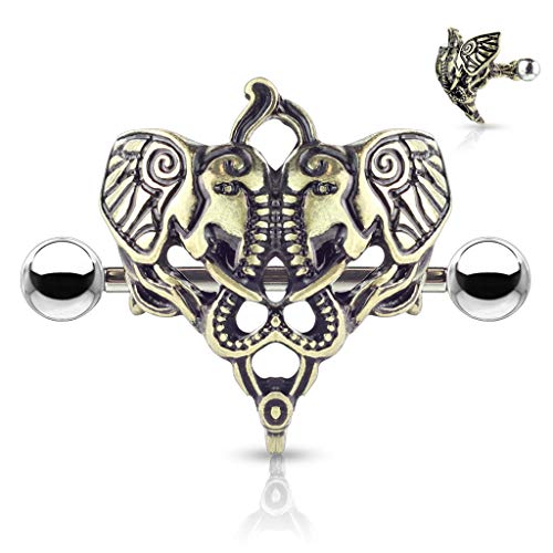 Two Elephants 316L Surgical Steel Nipple Shield Ring - style: 14 GA, Length: 14mm, Ball: 5mm, Antique Gold