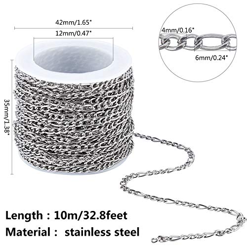 UNICRAFTALE 32.8ft(10m/Roll) Figaro Chains 304 Stainless Steel Chains Unwelded with Spool Figaro Chains Necklaces Metal Material Connector Chains for Women DIY Necklace Jewelry Making