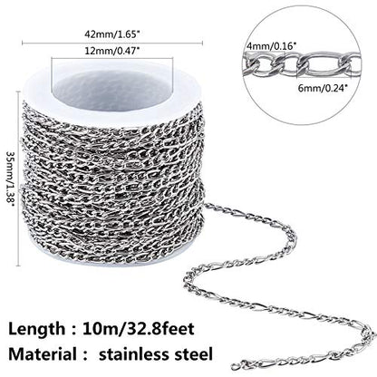 UNICRAFTALE 32.8ft(10m/Roll) Figaro Chains 304 Stainless Steel Chains Unwelded with Spool Figaro Chains Necklaces Metal Material Connector Chains for Women DIY Necklace Jewelry Making