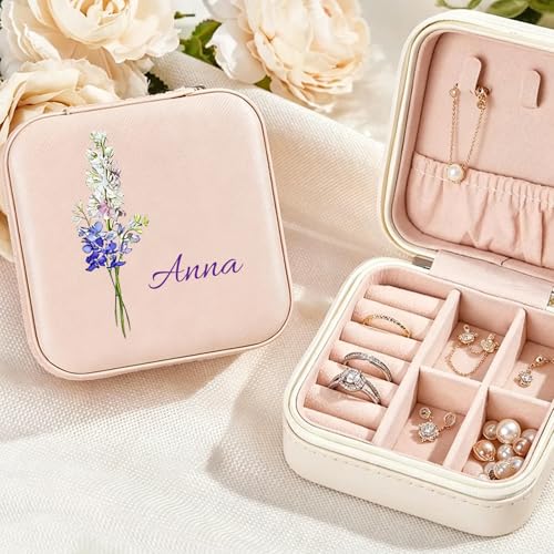 Personalized Jewelry Box with Name&Flower, Custom Travel Jewelry Case | Leather Jewelry Box for Rings, Earrings, Necklaces, Gifts for Women Girls Mom Bridesmaid