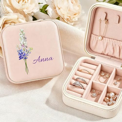 Personalized Jewelry Box with Name&Flower, Custom Travel Jewelry Case | Leather Jewelry Box for Rings, Earrings, Necklaces, Gifts for Women Girls Mom Bridesmaid