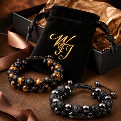 WFJ Black Obsidian Hematite Triple Protection Bracelets Set - Tiger Eye Beaded Natural Stone Bracelet for Men Women Gemstone (10MM) - color: Adjustable Double Set of 2