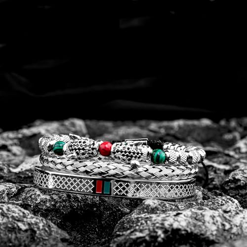 3pcs/set Classical Handmade Braiding Bracelet Hip Hop Men Pave CZ Leopard Head Roman Numeral Bracelet Stainless Steel Jewelry - color: 3pcs S Double Leopard Head Silvery