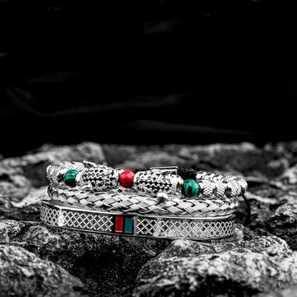 3pcs/set Classical Handmade Braiding Bracelet Hip Hop Men Pave CZ Leopard Head Roman Numeral Bracelet Stainless Steel Jewelry - color: 3pcs S Double Leopard Head Silvery