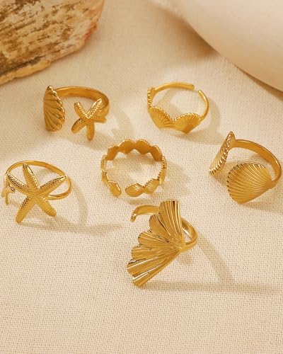 Chunky Gold Shell Starfish Ring Set for Women Trendy Gold Flower Scallop Seashell Starfish Gemstone Rings Adjustable Stacking Statement R-ings Non Tarnish Spring Summer Jewelry Accessories - color: A6:6 pcs