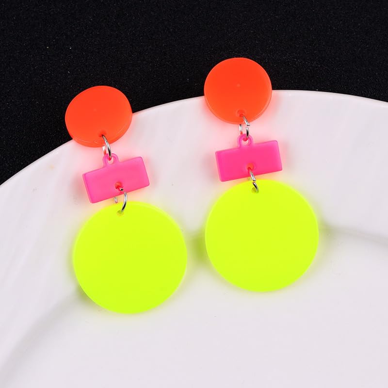 80s 90s Neon Earrings for Women Colorful Round Disc Acrylic Drop Earrings Retro Resin Geometric Rectangle Dangle Earrings for 70's 80's Outfit Glow Party Accessories - style: Style 4