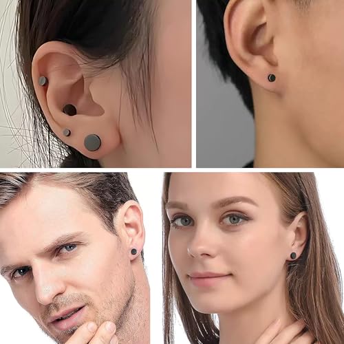 Hypoallergenic Black Stud Earrings for Men Women: 6 Pairs Flat Back Stainless Steel Cartilage Piercing Ear Tunnel 5mm-10mm - style: 6 Pairs-Black-(3-8mm)