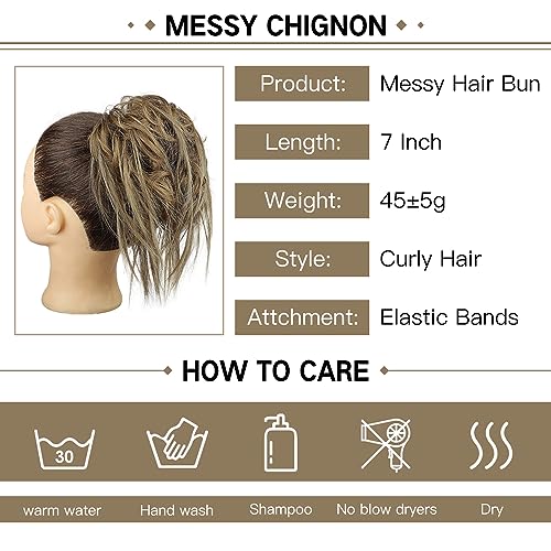 HMD Tousled Updo Messy Bun Hairpiece Hair Extension Ponytail for Women | Synthetic Hair Bun Extension with Elastic Rubber Band, Tousled Updo Messy Bun Hairpiece for Ponytail Styles Daily Party - color: Ash Blonde & Ash Medium brown