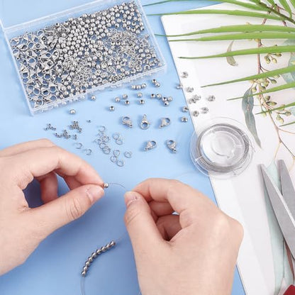 PH PandaHall 700pcs DIY Jewelry Making Supplies Kit Bracelet Findings Kit with Stainless Steel Wire 10m, Stainless Steel Wire Hand Beaded Set for Jewelry Repair Keychains and Necklace Making
