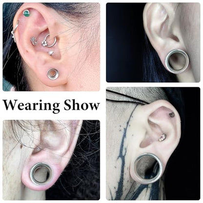 12G-25mm Double Flared Gauges Tunnels Stretching Kit 316L Surgical Steel Ear Gauges Plugs Earring Lobe flesh Tunnel Gauge Stretcher Silver Black Gold Color Tone - color: Silver, size: 6g/4g/2g/0g/00g/12mm/14mm