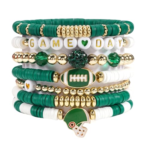 Ardorchid Halloween Bracelets for Women Pumpkin Ghost Steleton Bat Skull Beaded Stackable Stretchy Bracelet Rugby Thanksgiving Christmas Heishi Bracelets - color: Game Day-Green