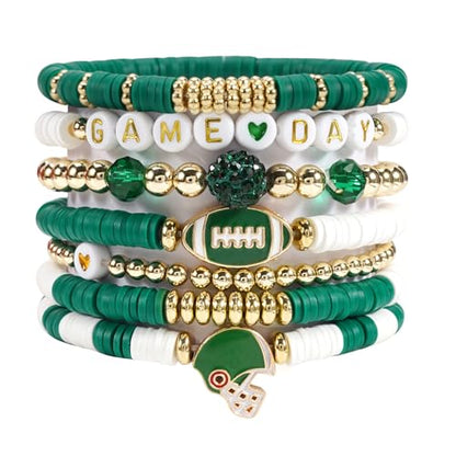 Ardorchid Halloween Bracelets for Women Pumpkin Ghost Steleton Bat Skull Beaded Stackable Stretchy Bracelet Rugby Thanksgiving Christmas Heishi Bracelets - color: Game Day-Green