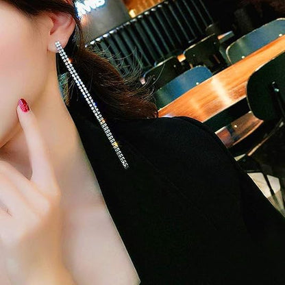 HUJUON Elegant Long Rhinestone Chain Earrings. Punk Double Strand Tassel Line Earrings Minimalism Crystal Drop Earrings for Women Wedding Jewelry