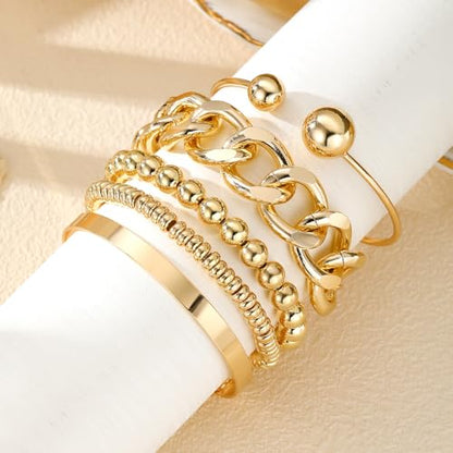 Golden Bangle Bracelets Set for Women, 14k Gold-Plated Multi Layer Stackable Cuff Bracelets, Personalized Boho Non Tarnish Adjustable Bangle Jewelry Gift for Her - color: 5PCS Golden Cuban Link Chain