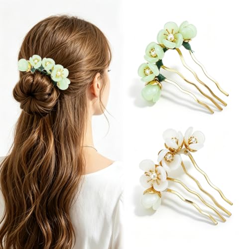 2 Pack Gold Pearl Flower Twist Hair Pin for Bun | French vintage floral 4-prong twist hair bun clip/pin. For women, girls, bride. Perfect for weddings, parties, daily wear. - color: Flower Hair Stick