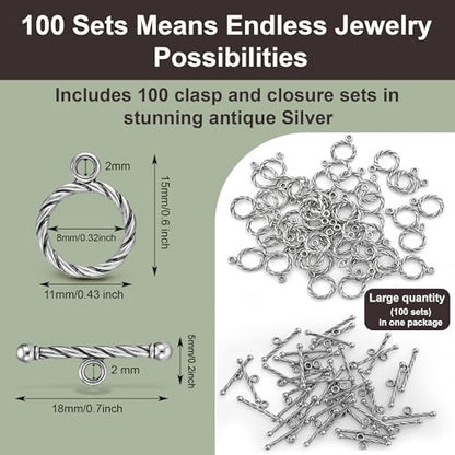 Heather's cf Toggle Jewelry Clasps – Durable Quality, Antique Twisted Silver Finish Toggle Clasps & Closures for Necklace, Bracelet & Charms – Ideal for DIY, & Jewelry Making – Small (Set of 100) - color: Twisted silver toggle clasp