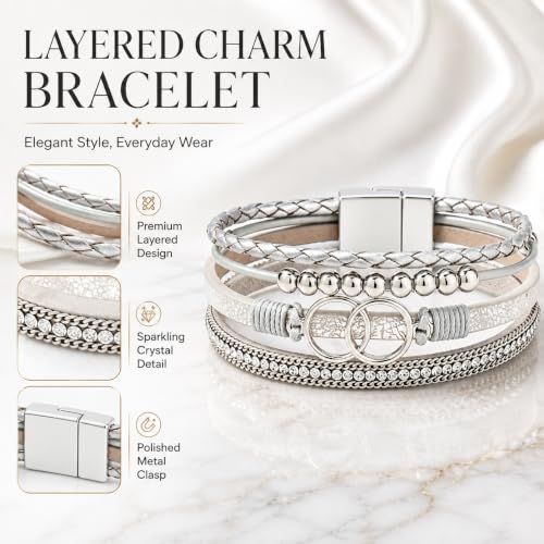 Leather Wrap Bracelets for Women, Boho Leopard Multi-Layer Crystal Beads Cuff Jewelry - color: J-Warp-014