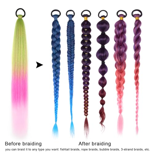 Ponytail Extension with Hair Tie Straight Sleek Wrap Around Braid Ponytail | 2 Pack Braid Ponytail Extension, Green Pink Gradient 26 Inch Braid Extensions for Women (Green/Rose Pink/Light Pink#) - color: Green Pink#, size: 26 Inch（Pack of 2）