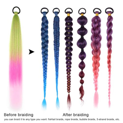 Ponytail Extension with Hair Tie Straight Sleek Wrap Around Braid Ponytail | 2 Pack Braid Ponytail Extension, Green Pink Gradient 26 Inch Braid Extensions for Women (Green/Rose Pink/Light Pink#) - color: Green Pink#, size: 26 Inch（Pack of 2）