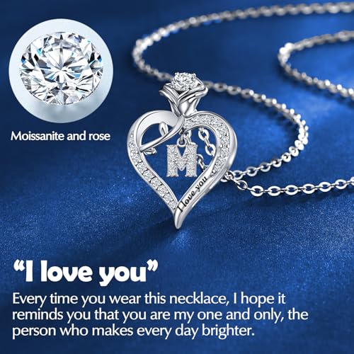 Rose Heart Pendant Necklace Gifts for Wife, Engraved 'I love you' Gift for Wife Girlfriend, Anniversary Birthday Eternity Jewelry Present for Women, Moissanite Necklace Gift for Her - style: M