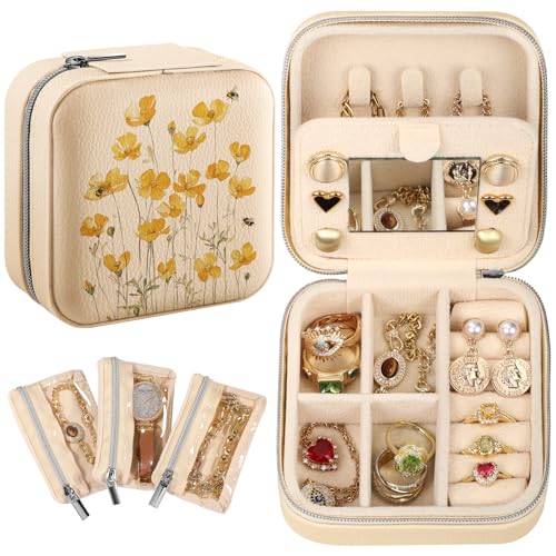 Bistup Travel Jewelry Case - Small Jewelry Organizers and Storage Box for Women Girls Teens Cute Traveling Jewelry Holder with Mirror Little Tiny Compact Yellow Flower Pretty Modern Unique Aesthetic - style: Yellow Daisy