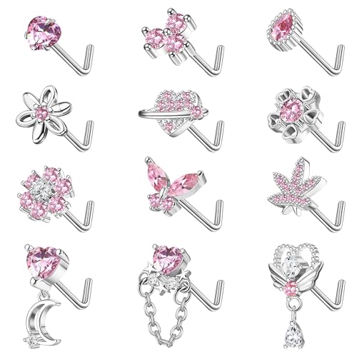 Sanfenly 12 PCS 20G Nose Rings Surgical Stainless Steel, L Shaped Nose Studs for Women Men, CZ Heart Butterfly Flower Leaf Moon Dangle Cute Nose Piercings Studs Screw Jewelry Pink/Purple/Blue/Clear - color: Pink