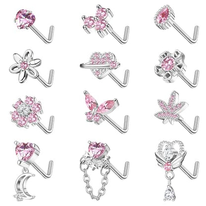 Sanfenly 12 PCS 20G Nose Rings Surgical Stainless Steel, L Shaped Nose Studs for Women Men, CZ Heart Butterfly Flower Leaf Moon Dangle Cute Nose Piercings Studs Screw Jewelry Pink/Purple/Blue/Clear - color: Pink