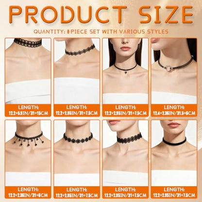 90s Classic Gothic Tattoo Lace Chokers, 8 Pcs Black Velvet Choker Necklaces for Women, Adjustable Retro Grunge Punk Chokers for Cosplay Christmas Halloween Concert Birthday Party