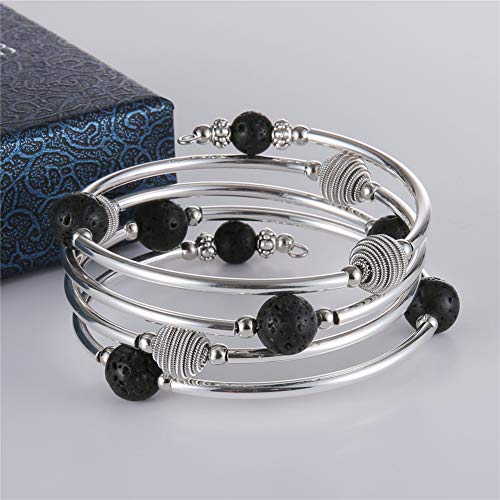 PEARL&CLUB Beaded Chakra Bangle Turquoise Bracelet - Fashion Jewelry Wrap Bracelet with Thick Silver Metal and Mala Beads, Birthday Gifts For Women - color: 63-Lava Black