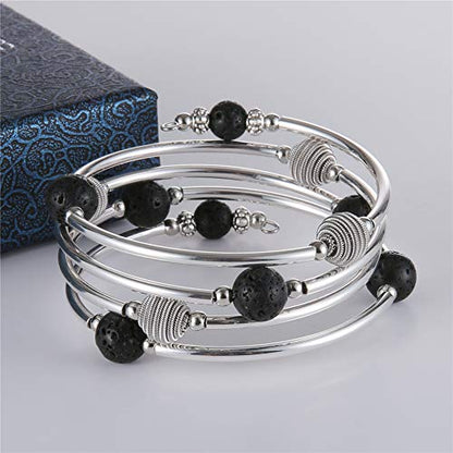 PEARL&CLUB Beaded Chakra Bangle Turquoise Bracelet - Fashion Jewelry Wrap Bracelet with Thick Silver Metal and Mala Beads, Birthday Gifts For Women - color: 63-Lava Black