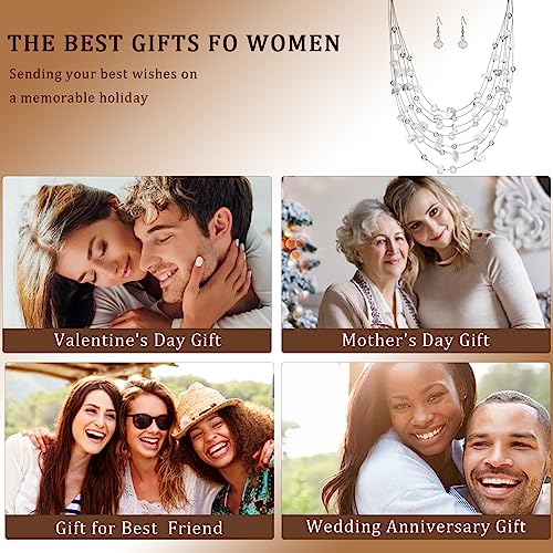 Multi-Layer Boho Shell Beaded Necklace for Women Colorful Crystal Strand with Silver Beads Statement Collars Necklace and Earrings Costumes Jewelry Sets for Women - color: 48-White