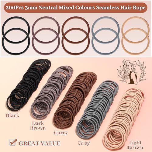 Anezus 200 Pcs Hair Ties for Women Girls Hair Elastics Hair Bands Ponytail Holders Hair Rubber Bands for Thick Straight Curly Hair (Neutral Color) - color: Neutral