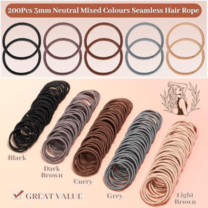 Anezus 200 Pcs Hair Ties for Women Girls Hair Elastics Hair Bands Ponytail Holders Hair Rubber Bands for Thick Straight Curly Hair (Neutral Color) - color: Neutral