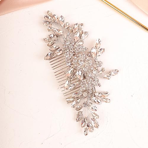 Wedding Silver Flower Leaf Crystal Rhinestone Hair Comb Teardrop Crystal Rhinestone Beads Hair Comb Wedding Hair Accessories for Women Girls