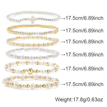 Silver Gold Beaded Bracelets for Women Stackable 14K Gold Plated Beads Ball Cross Bracelet Stack Non Tarnish Elastic Stretch Trendy Jewelry Christian Friendship Christmas Gifts for Women - color: 6pcs-Pearl
