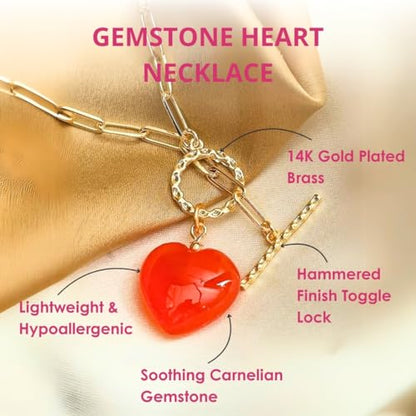 Gempires Gemstone Heart Pendant Necklace for Women, Gold Toggle Birthstone | Handmade gemstone heart pendant necklace — choose from 11 stones and birthstones, gold toggle paperclip chain. - color: Carnelian