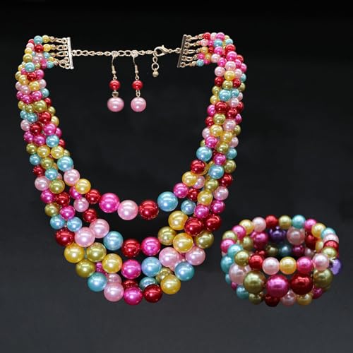 Faux Big Pearl Srand Necklaces for Women 5 Layers Pearls Choker Bib Collar Necklace Bracelet and Earrings set 1920s Costume Pearl Jewelry Bridal Wedding - color: colorful pink