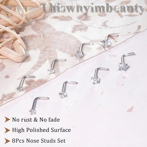 15PCS 14K Gold Plated Nose Rings Studs Set for New Piercing Beginners - color: 8pcs/L-shaped/20G/Silver
