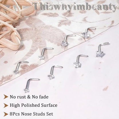 15PCS 14K Gold Plated Nose Rings Studs Set for New Piercing Beginners - color: 8pcs/L-shaped/20G/Silver