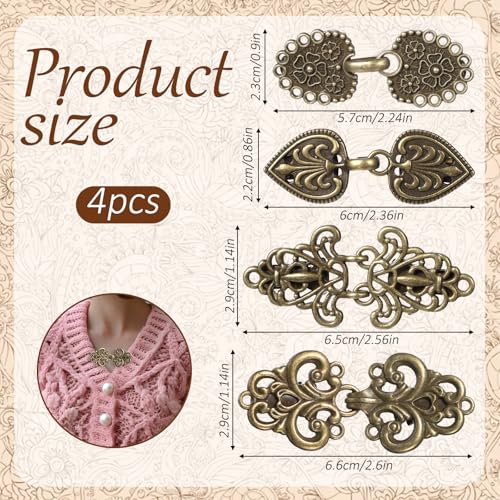 4 PCS Vintage Sweater Swirl Clip, Shirt Clip, Cape Cloak Clips, Retro Cardigan Shawl Collar Clasp Dress Shirt Button Clips, Dress-Clip for Women (4 Styles, Bronze)