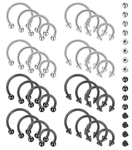 NICEIGHT 32Pcs 14G 16G 18G Surgical Steel Septum Nose Rings for Women Men Horseshoe Earrings Cartilage Helix Tragus Eyebrow Lip Daith Hoop Smily Piercing Jewelry 7-14MM - color: Black+Silver, size: 18G (7+8+10+12mm)