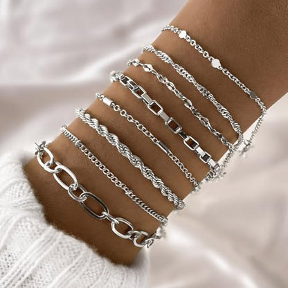 IFKM Gold Bracelets for Women, 14K Gold Plated Dainty Link Chain Bracelet set, Trendy Stackable Layered Bracelets jewelry Gifts - style: 8pcs Silver Chain twist box