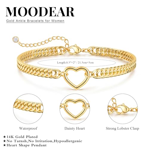 Moodear Gold Ankle Bracelets for Women Waterproof,14K Gold Plated Anklets | Waterproof, Non Tarnish Cuban Link Anklets, Trendy Jewelry Accessories for Summer Vacation, Beach Gifts for Women - style: Cuban Heart