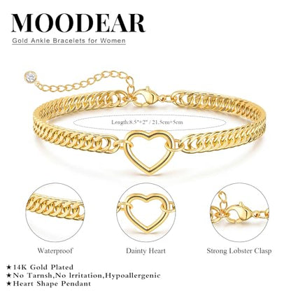 Moodear Gold Ankle Bracelets for Women Waterproof,14K Gold Plated Anklets | Waterproof, Non Tarnish Cuban Link Anklets, Trendy Jewelry Accessories for Summer Vacation, Beach Gifts for Women - style: Cuban Heart