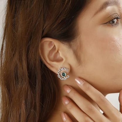 Elegant C-Shaped Crystal Stud Earrings with Birthstone Earring Silver Plated Fashion Jewelry for Women CE0003 - color: Green-May